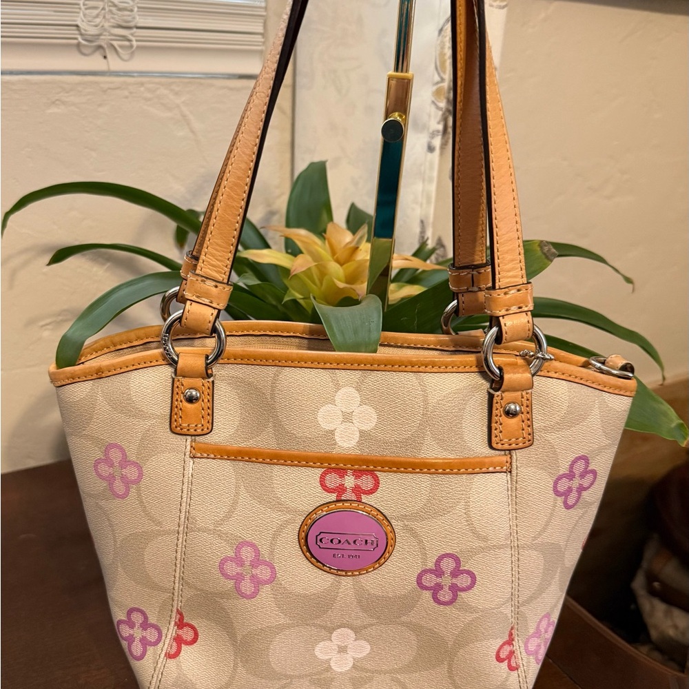 Coach Beige Peyton Clover Canvas Tote with Pink & Lavender Floral Accents